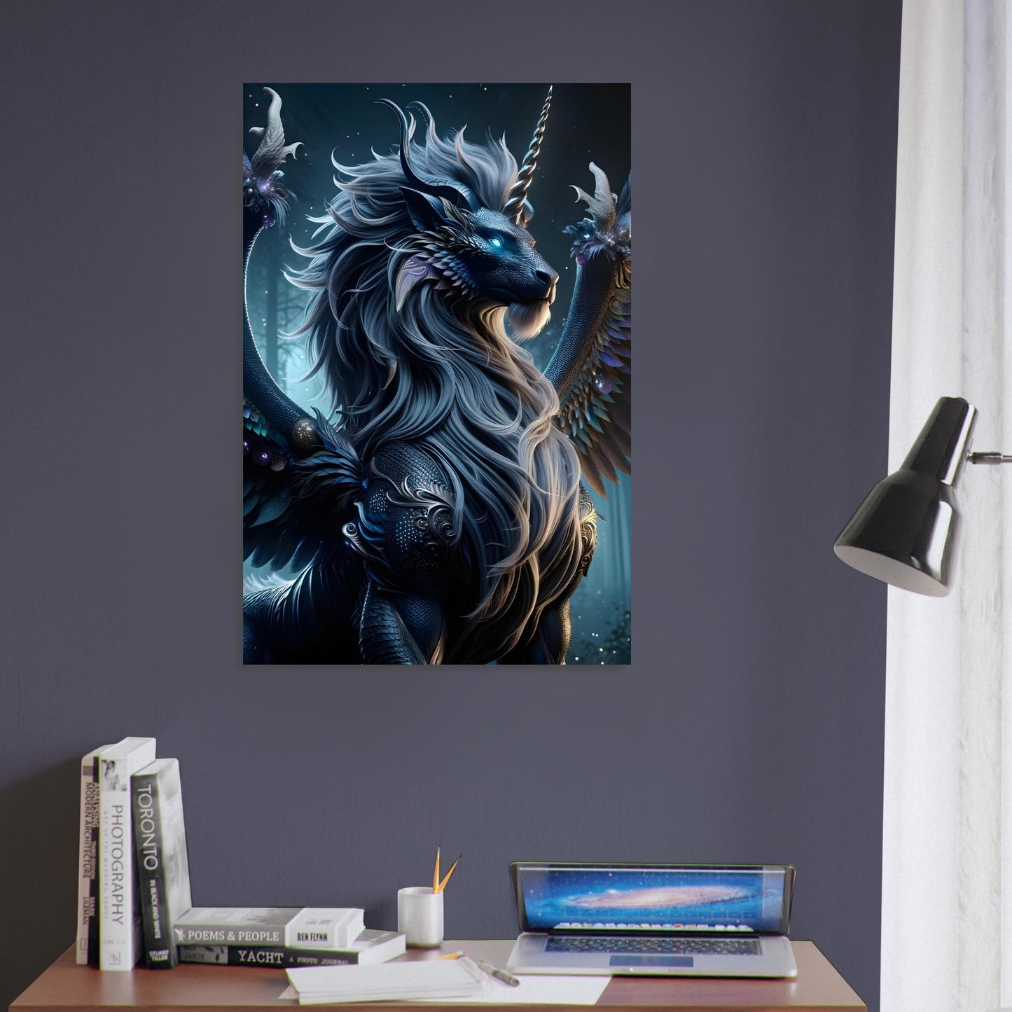 Metal poster artwork of a mythical creature with a lion’s body, unicorn horn, wings, and iridescent scales against a twilight sky.
