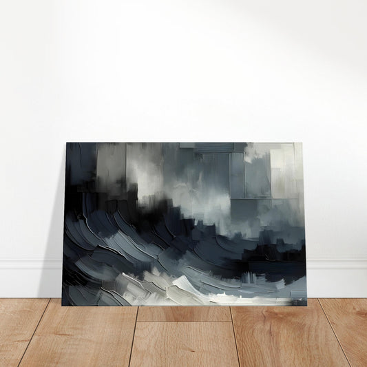 Dark grayscale abstract canvas with bold, heavily textured brushstrokes creating a rich and dramatic surface.