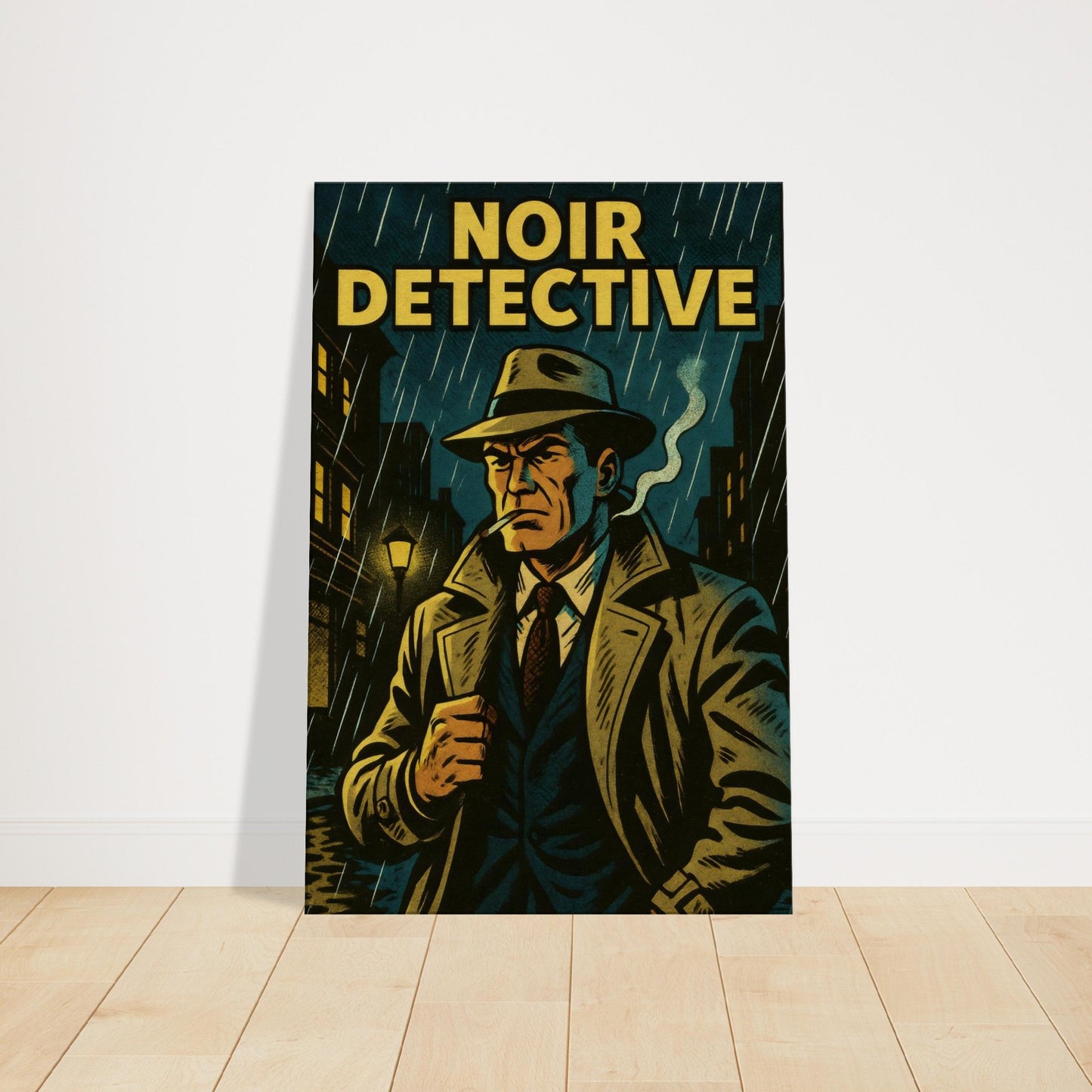 Comic-style noir detective in fedora and trench coat standing under a streetlight on rainy cobblestone street.