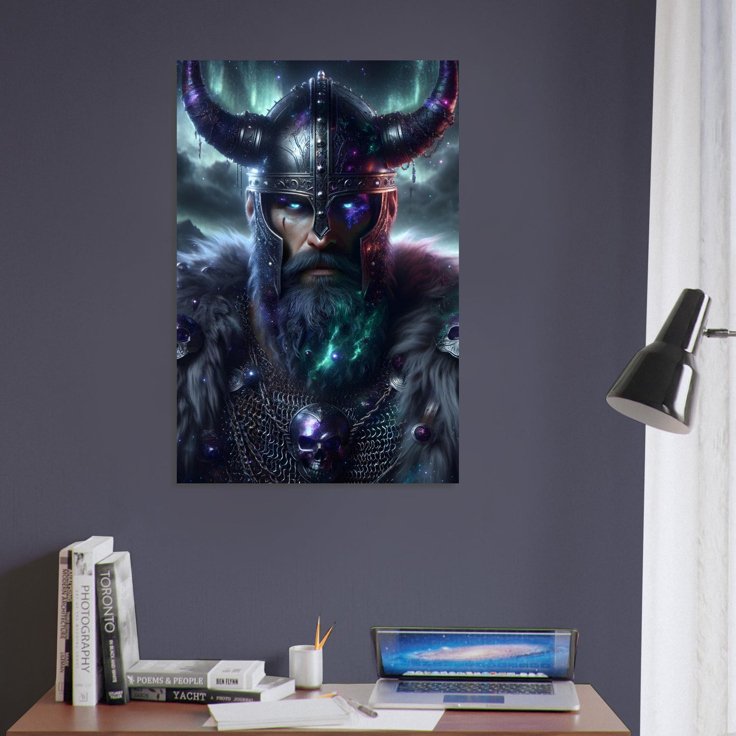 A Nordic Berserker in green and purple armor with glowing eyes stands fiercely in a stormy Nordic landscape.