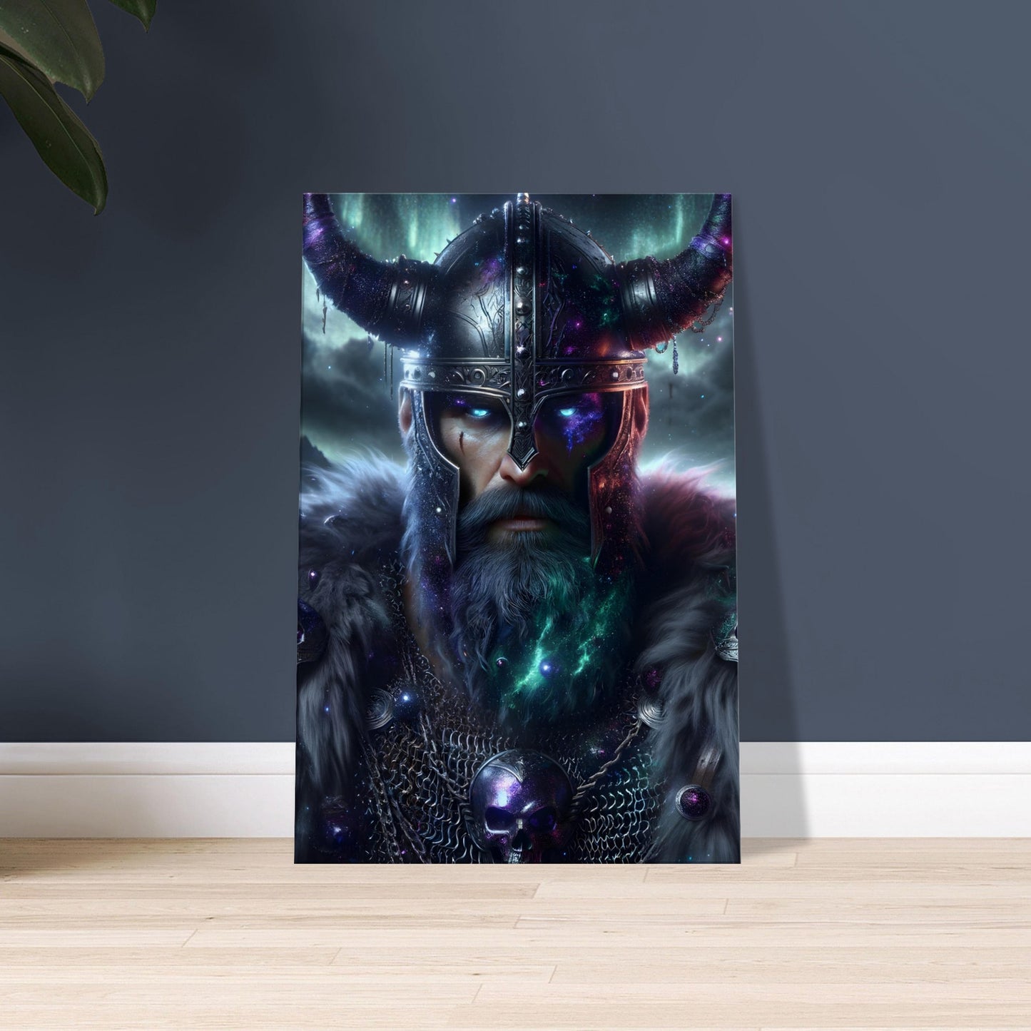 A Nordic Berserker in deep green and twilight purple armor with glowing eyes stands in a stormy Nordic landscape.