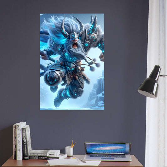 A Norse Berserker in icy blue armor leaps with a raised axe amid a snowy Nordic battlefield on a metal poster.