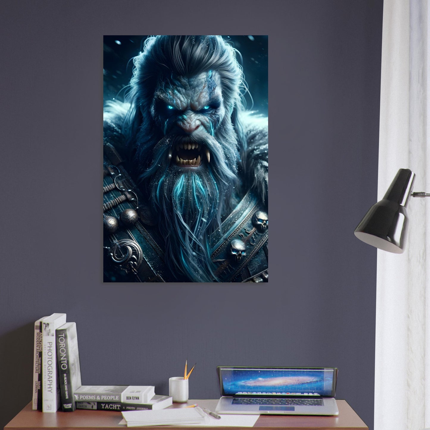 A Norse berserker in fur and leather armor with glowing icy blue accents snarls fiercely in a snowy Nordic landscape at night.