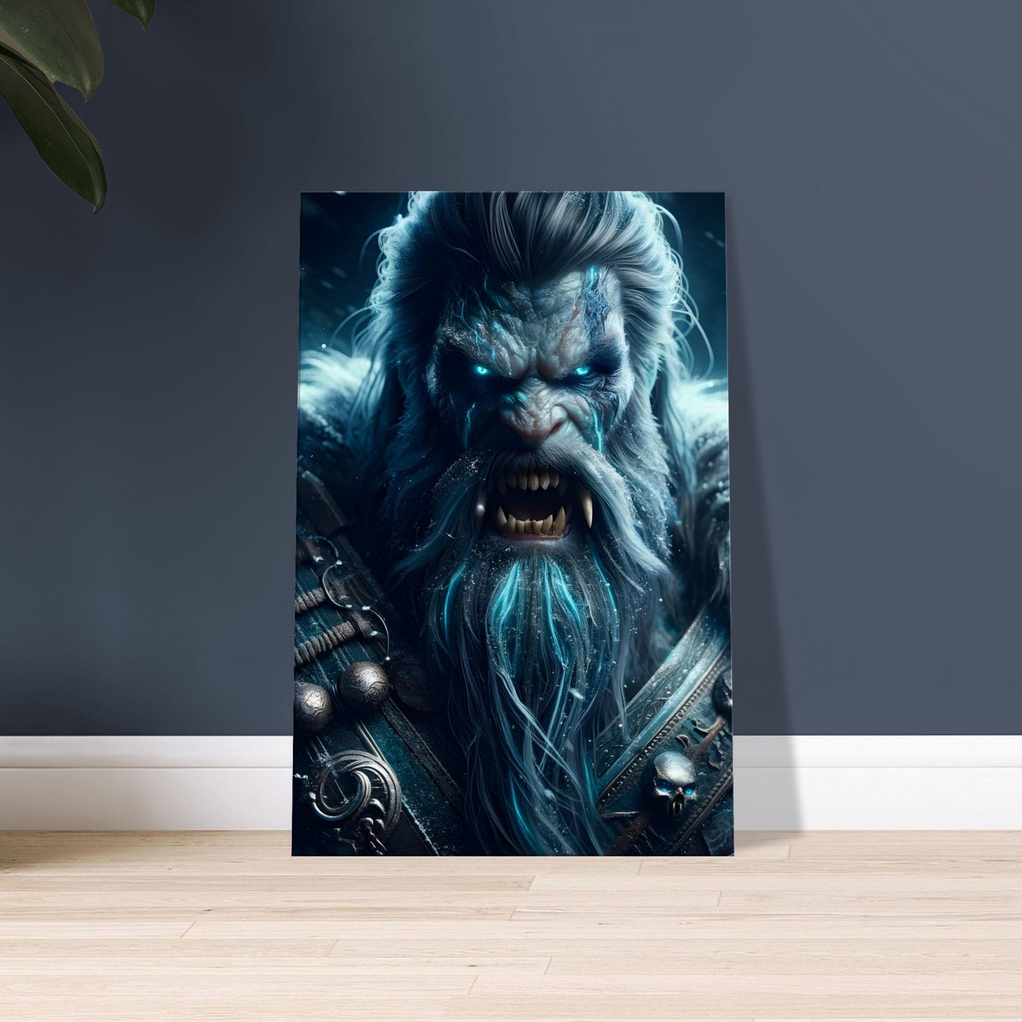 A Norse berserker in fur and leather armor with glowing ice blue accents snarls fiercely in a snowy Nordic landscape at night.