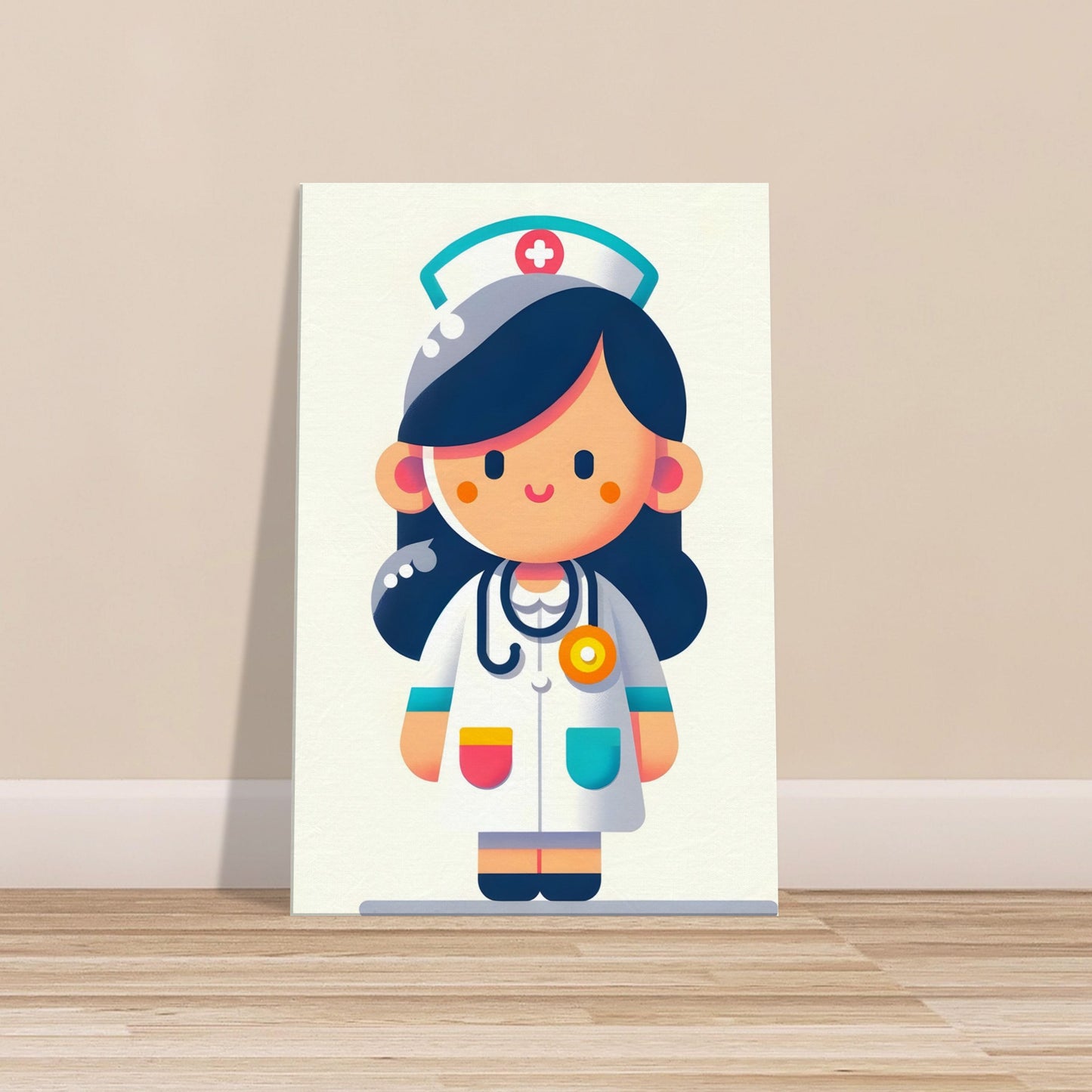 Minimalist cartoon nurse named Nurse Joyful in white uniform with colorful accents and a stethoscope on a solid background.
