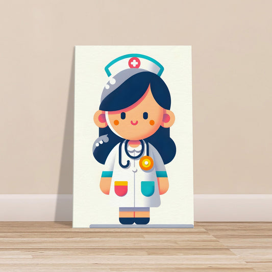 Minimalist cartoon nurse named Nurse Joyful in white uniform with colorful accents and a stethoscope on a solid background.