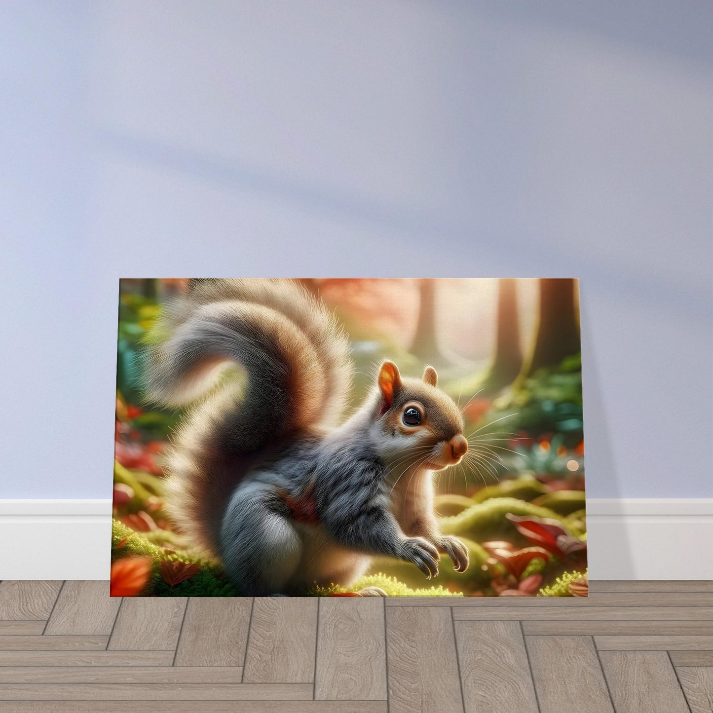 Canvas print of a lively squirrel surrounded by vibrant autumn leaves in a forest setting.
