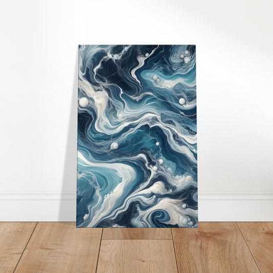 Deep blue marble wall art with white and silver veins swirling across a polished, ocean-inspired canvas.