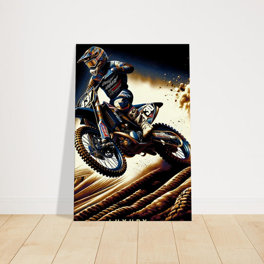 Motocross rider tearing through dirt trail, kicking up dust against a dramatic sky in a dynamic off-road racing scene.
