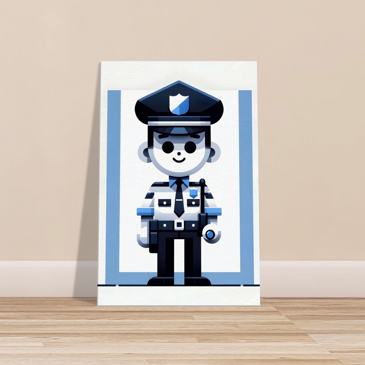 Minimalist cartoon police officer named Officer Blue in blue, black, and white on a solid background.
