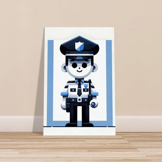 Minimalist cartoon police officer named Officer Blue in blue, black, and white on a solid background.