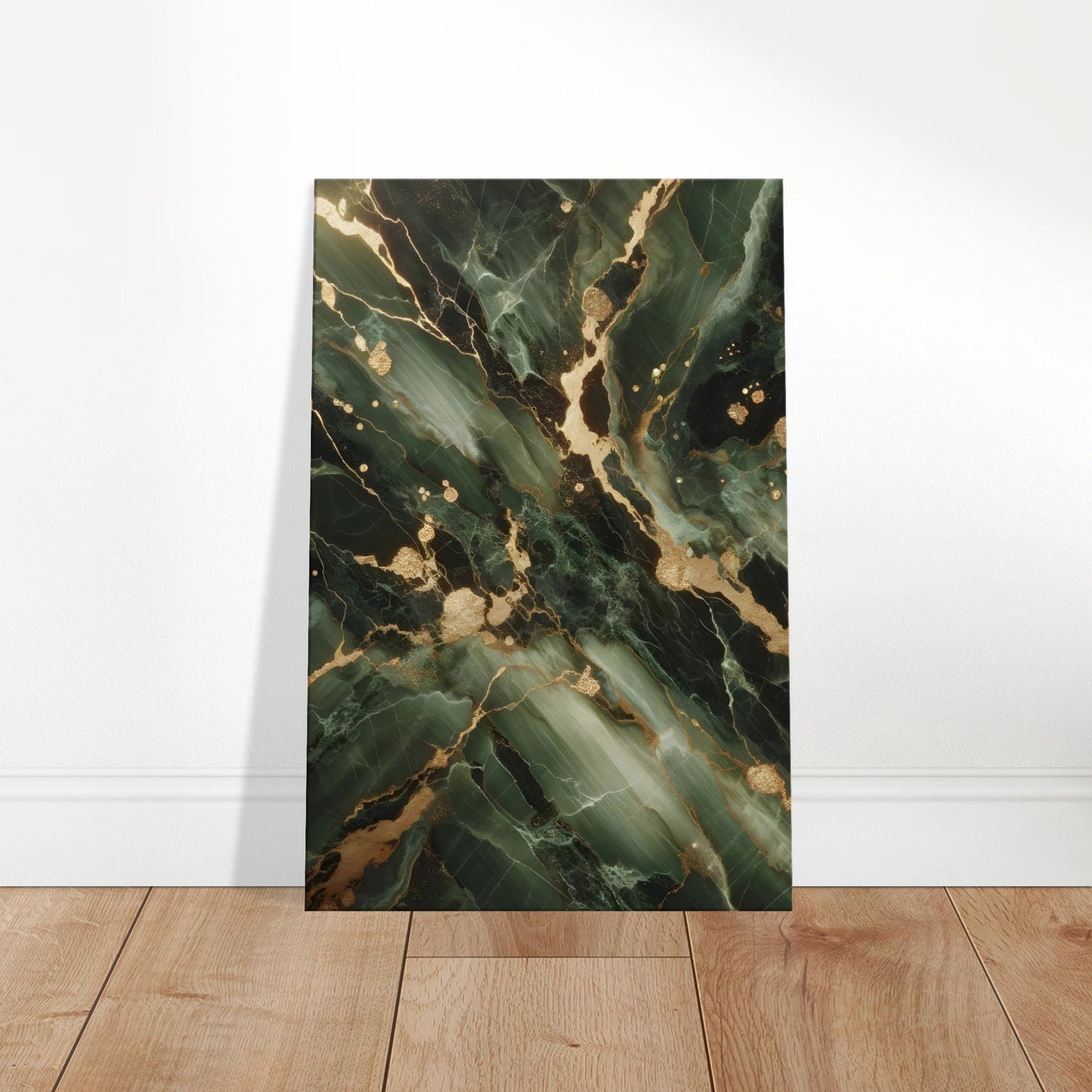 Olive green marble wall art with dark green veining and gold flecks, finished with a polished surface for earthy elegance.