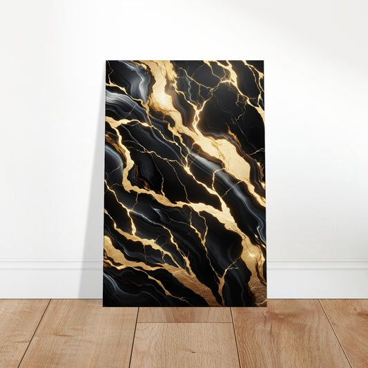 Black onyx marble wall art with interwoven gold veins and a polished finish for a bold, elegant look.