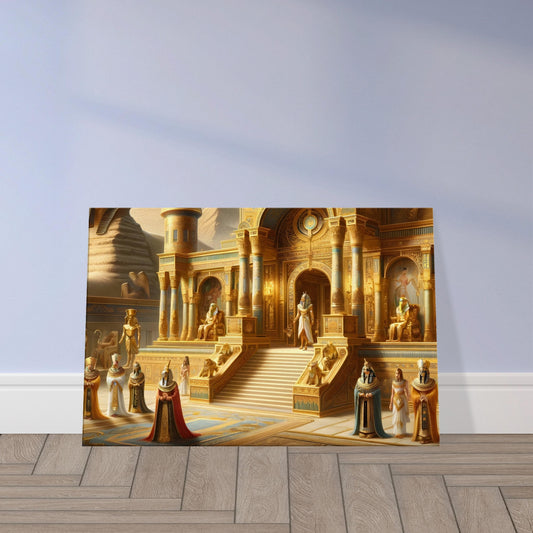 Ancient Egyptian royal palace with lush gardens, hieroglyph-covered walls, and nobility in ornate attire symbolizing wealth and splendor.