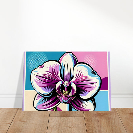Pop art orchid in vivid magenta and purple with bold black outlines on a pastel geometric background with halftone textures.