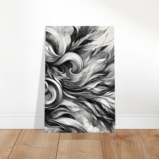 Black and white abstract artwork featuring organic shapes and natural textures resembling leaves, ripples, and flowing forms in a grayscale composition.