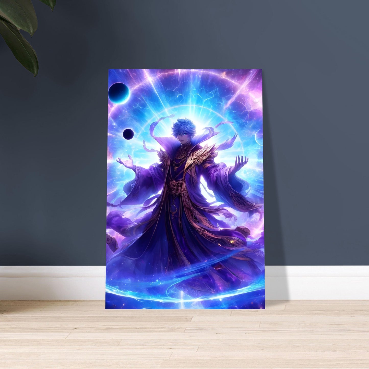 Anime warrior Orion Spectar summoning cosmic vortex with stars and galaxies in dynamic metal artwork.
