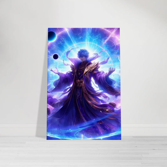 Cosmic anime-style warrior summoning a vortex of galactic energy with glowing blue, red, and violet power on a battlefield of stars and galaxies.