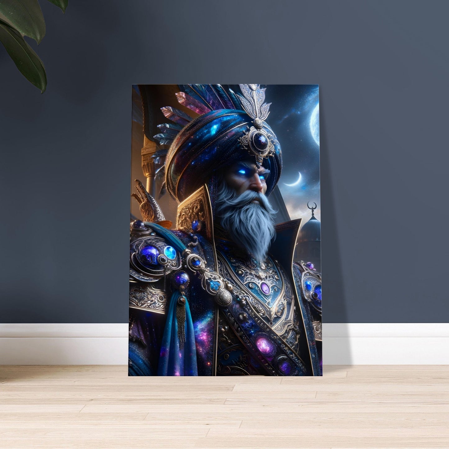 An Ottoman Janissary in cosmic blue and purple armor with a glowing turban and sash stands before a moonlit palace.