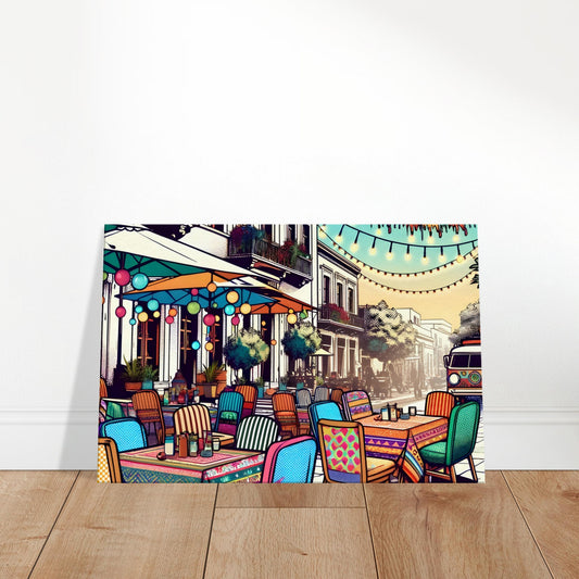 Pop art wall print of a colorful bohemian outdoor cafe with whimsical figures, bold shapes, and dynamic street scene.