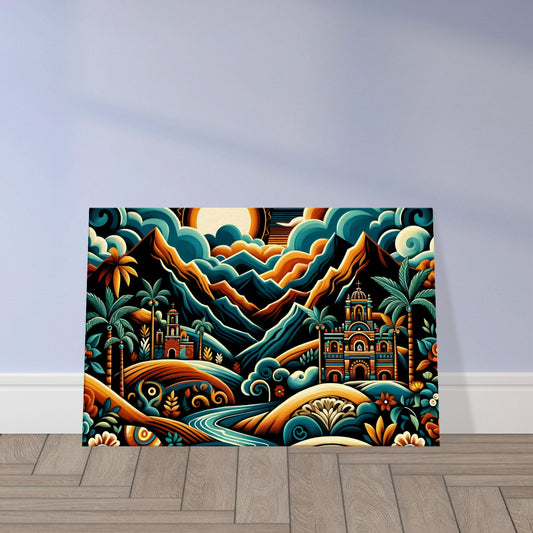 Colorful Mexican landscape artwork featuring coastal, desert, and tropical scenes in vibrant tones.