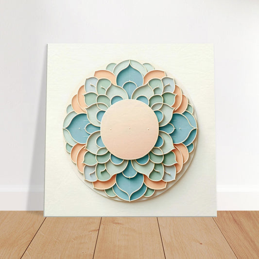 Minimalist mandala artwork with soft peach, baby blue, and mint green on a white background, expressing lightness and serenity.