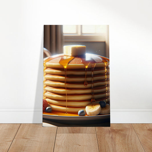 Canvas art depicting a stack of golden pancakes with maple syrup, butter, and fresh berries and banana slices.