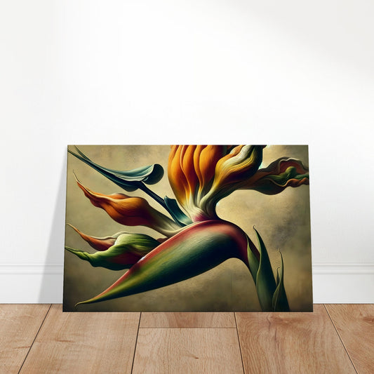 Artistic depiction of the Parrot’s Beak flower with curved orange-red petals and textured brushstrokes against a subtle background.