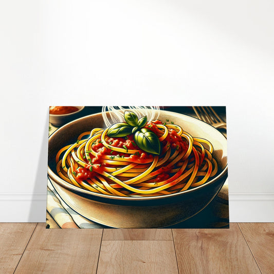Canvas art depicting al dente pasta twirled in tomato sauce garnished with fresh basil and parsley.