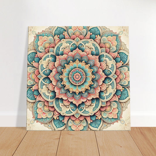 Mandala artwork in soft rose, baby blue, and pale yellow on a light cream background, blending intricate tradition with pastel elegance.