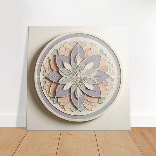 Mandala artwork featuring pastel lavender, mint, and peach on an off-white background with clean, minimalist lines.