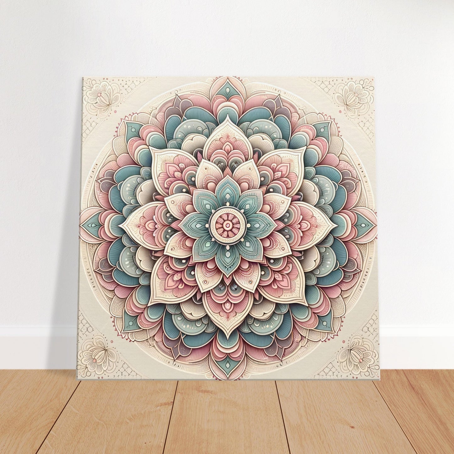 Mandala artwork with intricate detailing in blush pink, soft lavender, and light teal on a cream background for a calming effect.