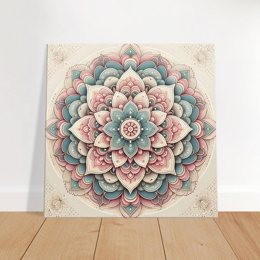 Mandala artwork with intricate detailing in blush pink, soft lavender, and light teal on a cream background for a calming effect.