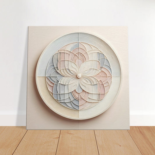 Mandala artwork in soft pastel hues with clean minimalist lines, emphasizing calm and delicate visual harmony.