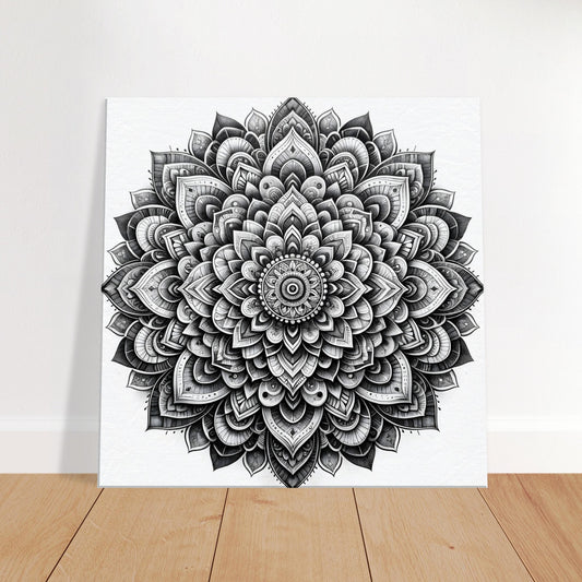 Grayscale mandala artwork featuring detailed pencil sketch lines with varied shading and intricate symmetry.
