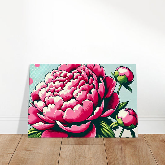 Pop art peony flower with rich pink petals outlined in black, set against a subtle halftone patterned background.
