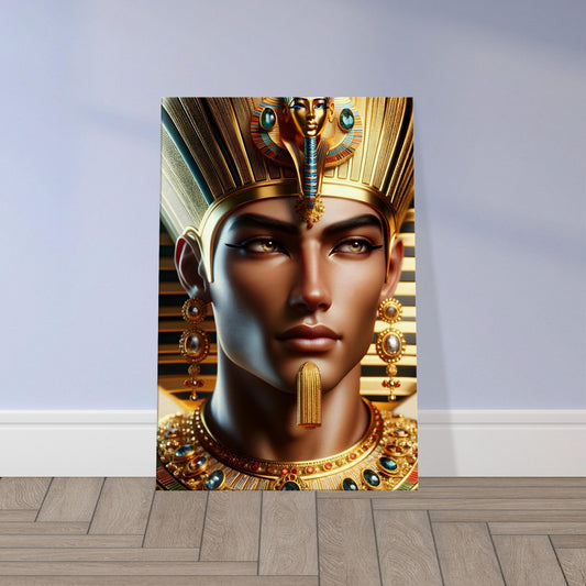 Pharaoh wearing a falcon crown with detailed hieroglyphic regalia, exuding regal authority and connection to Horus.