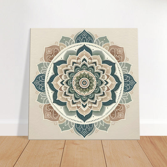 Mandala artwork in soft neutrals with accents of periwinkle blue, mint green, and peach, combining tradition with serene modern tones.