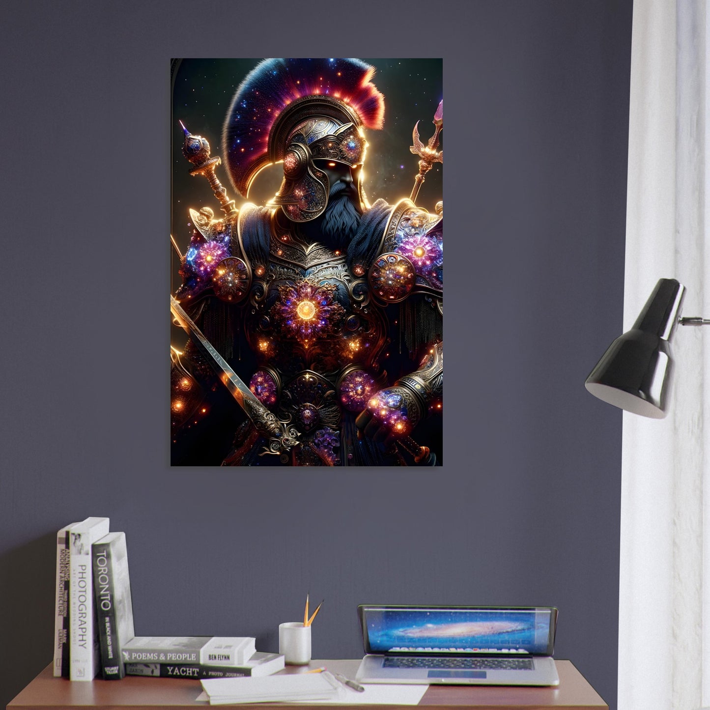 A Persian warrior in ornate, dark armor with glowing purple and red accents stands against a cosmic-lit ancient Persian landscape.