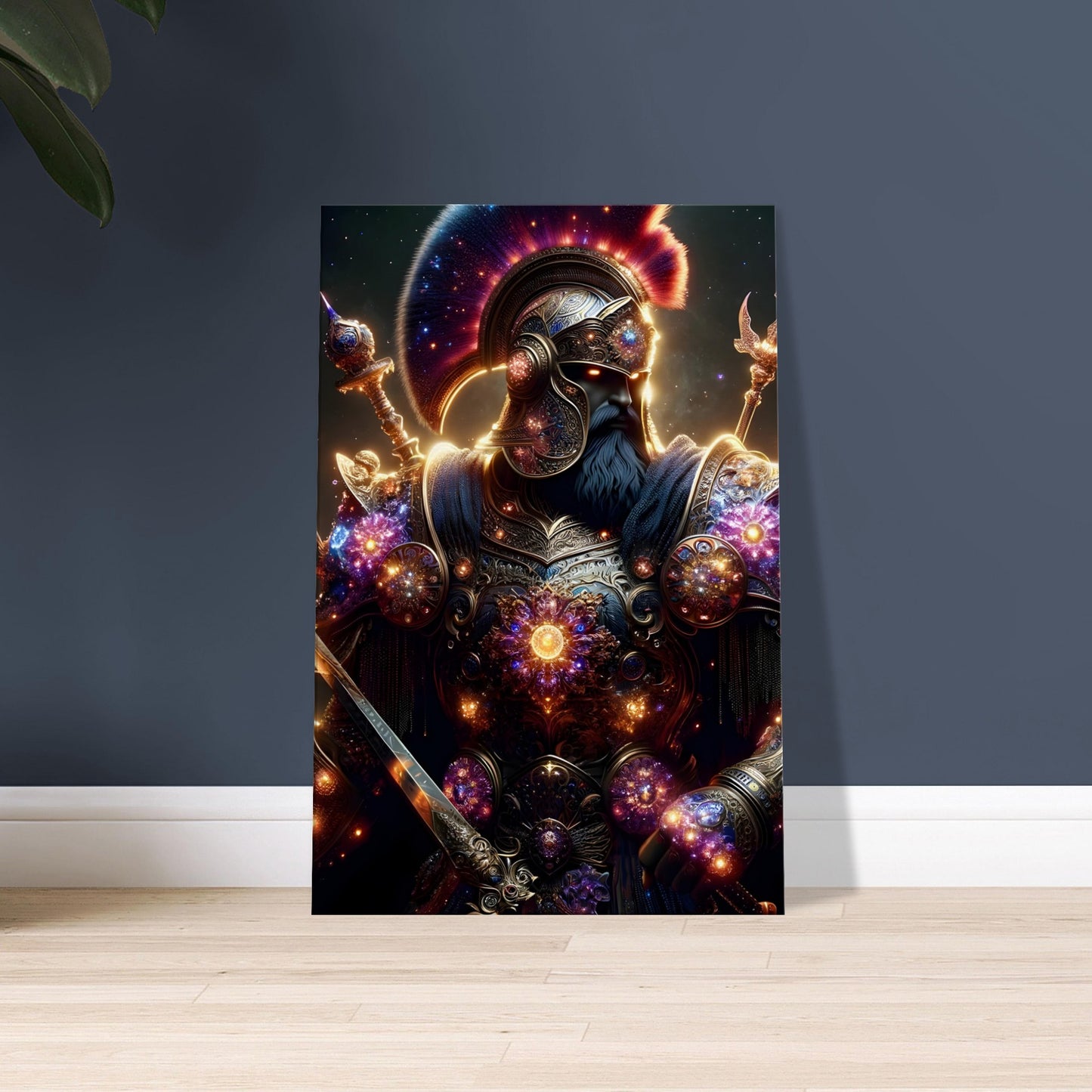 A Persian warrior in dark ornate armor with glowing red and purple accents stands beneath a starlit ancient Persian landscape.
