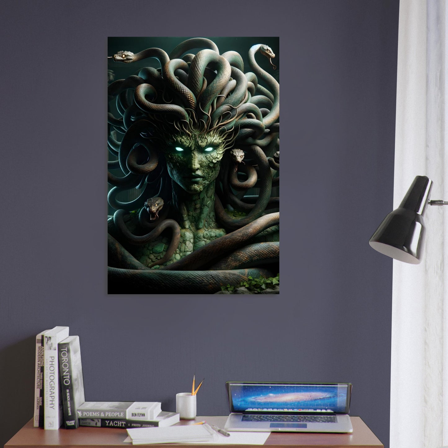 Metal poster of a Medusa-like Gorgon with snake hair, glowing eyes, and stone-textured skin in a dark, overgrown temple setting.