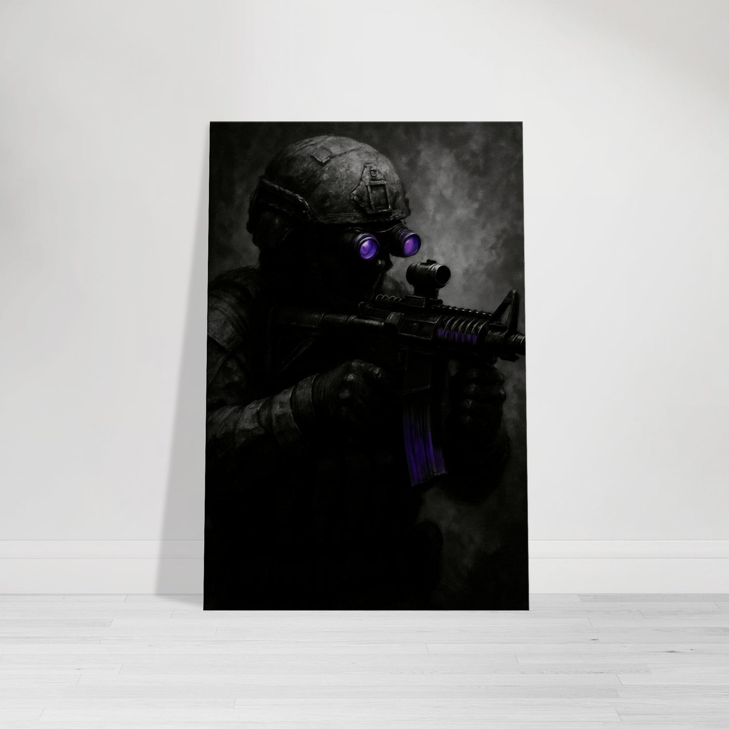 Gritty military artwork featuring a shadowy soldier with glowing purple night vision. A moody, high-contrast print from the Warfare Division collection.