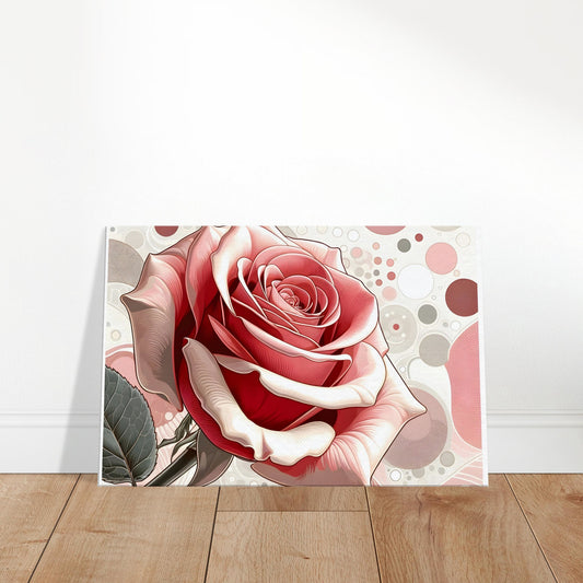 Pop art pink rose with soft pink, red, and white petals outlined in black, set against a light, pastel-themed background.