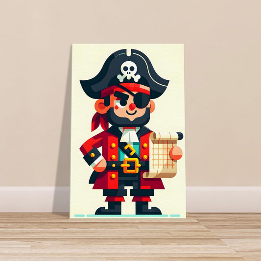 Minimalist cartoon Pirate Pete in red and black outfit with bandana, eye patch, and treasure map on a solid background.