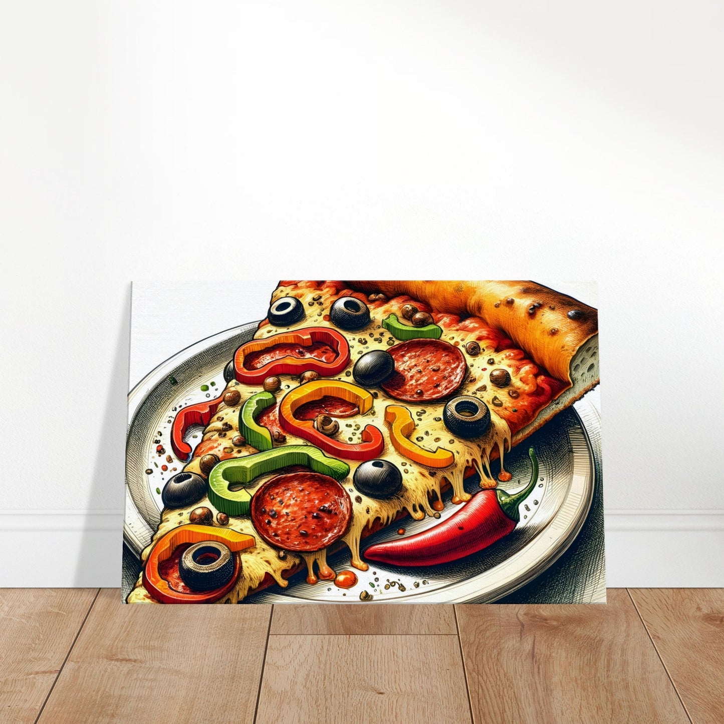 Canvas art depicting a pizza slice with melted cheese and colorful toppings on a round plate.