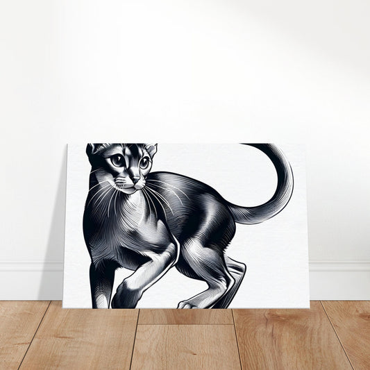Black-and-white sketch of an Abyssinian cat in mid-pounce with alert eyes and defined, elegant lines.