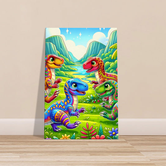 Cartoon-style group of Kentrosauruses playing tag in a prehistoric valley with vibrant plants and a sparkling river.