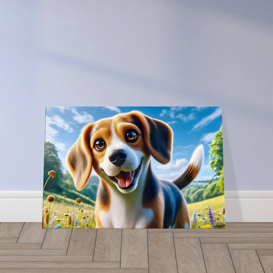 Beagle puppy running through a bright green meadow with wildflowers and hills in the background, under a sunny sky.