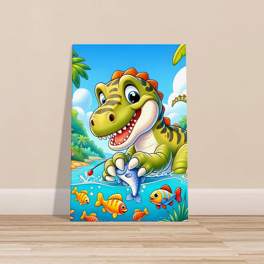 Cartoon-style Spinosaurus fishing in a river surrounded by lush tropical plants and playful aquatic creatures.
