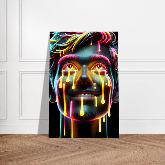 Portrait of a smiling figure with playful pink and yellow paint drips, expressing joy and whimsy in a modern art style.
